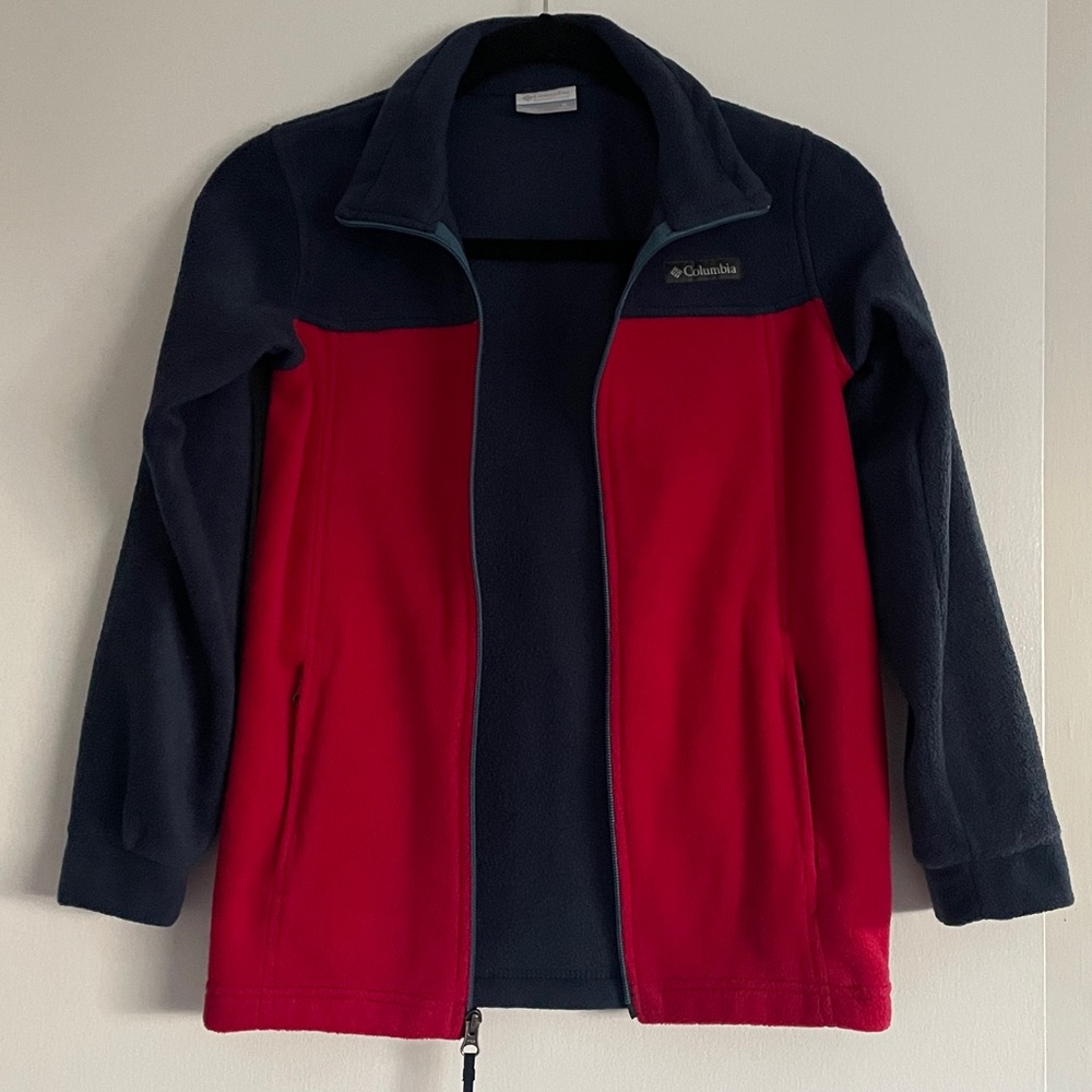 Columbia Boys Red and Navy Full Zip Fleece Jacket. Size M